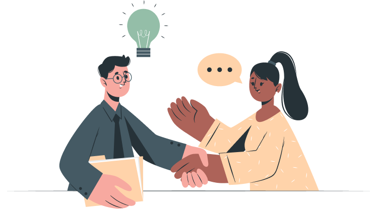A cartoon of two individuals having a conversation & sharing ideas. Trauma treatment in Charlotte, NC is here to support your healing journey. Our trauma therapists are here to help.