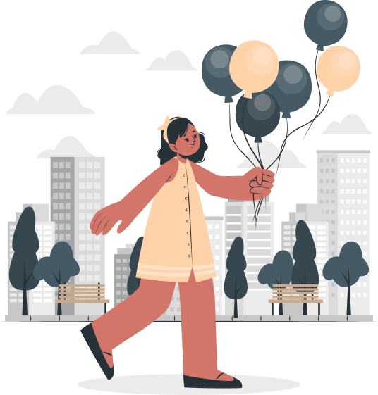 An illustration of an individual walking down the street with balloons. Our trauma therapy in Charlotte, NC can help you heal from childhood trauma, PTSD & more. Contact us today to work with a trauma therapist.