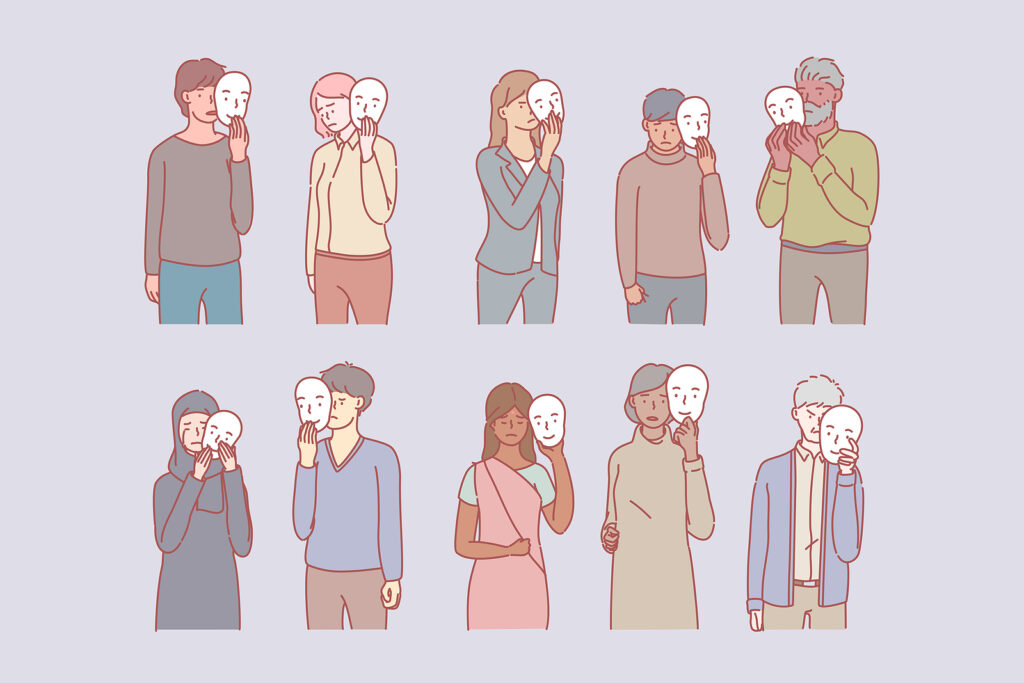 masking depression | cbt therapy new york city, ny | cognitive behavioral therapy nyc, ny | CBT therapist nyc, ny | New York City, NY | Downtown NY | Manhattan, NY A group of diverse individuals all holding a smiley face mask in front of their upset faces. Representing how individuals mask their depression & how harmful it can be. Discover how CBT therapy in NYC, NY can help you find happiness.