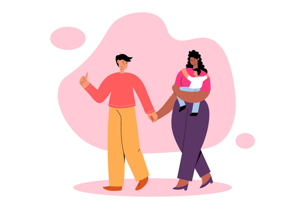 biracial couple holding hands | cbt therapy new york city, ny | cognitive behavioral therapy nyc, ny | CBT therapist nyc, ny | New York City, NY | Downtown NY | Manhattan, NY An illustration of a biracial couple with a child walking holding hands. Discover how behavioral activation can help with depression. Start your healing journey with cognitive behavioral therapy in NYC, NY.
