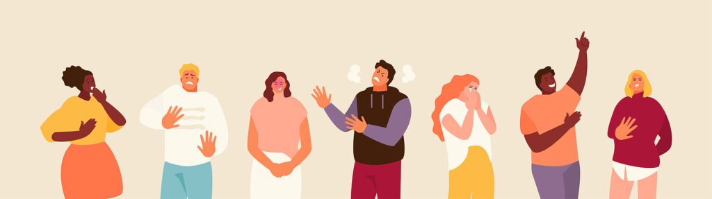 cartoony drawing of group of people expressing different emotions.