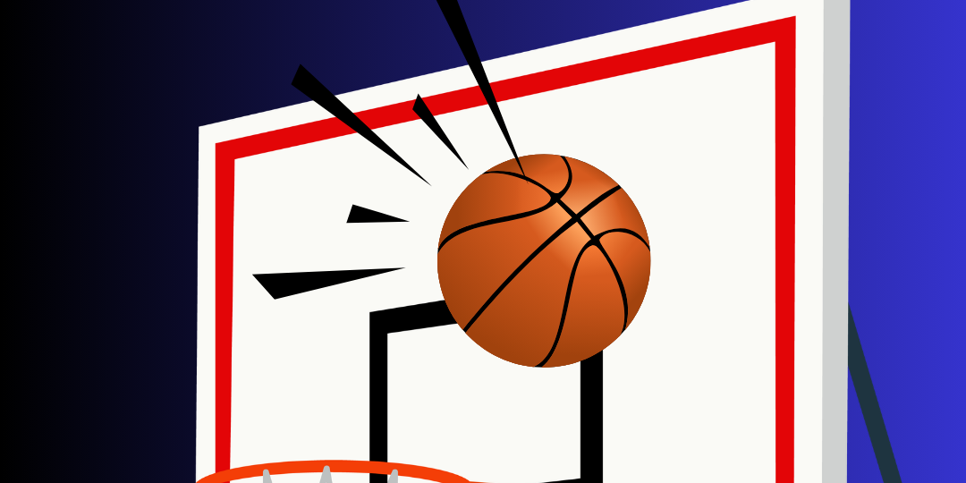 Basketball bouncing off a backboard near the hoop, representing mistakes in sports and life