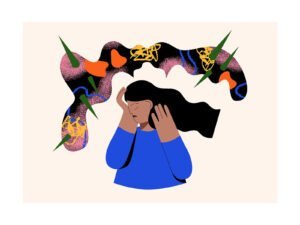 woman covering face with jumbled mind