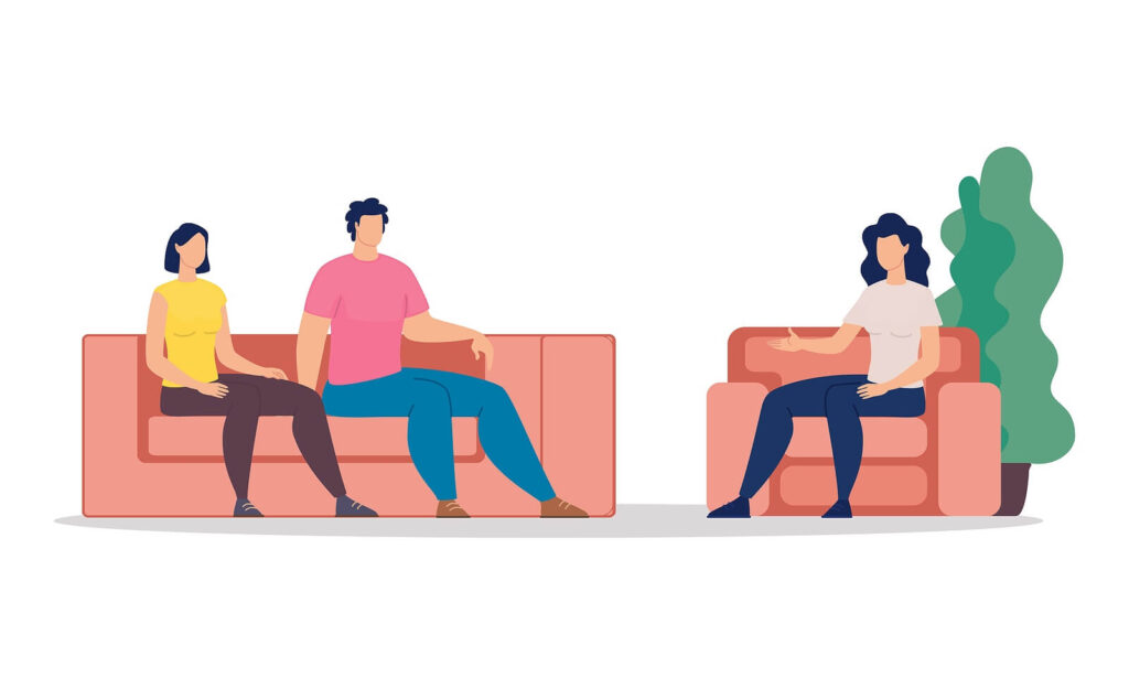 A cartoon of a couple sitting on orange couches talking to a therapist. Representing how a couples therapist in NYC, NY can help you build a healthier partnership. Get started with us today.