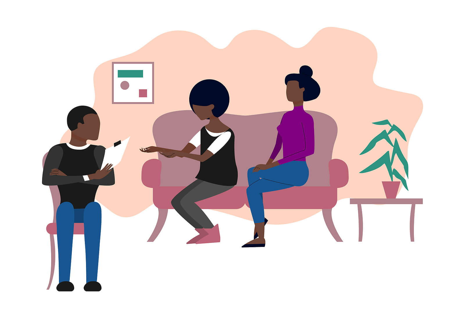 An illustration of a black married couple in therapy. Couples therapy in NYC, NY can help you work through communication problems. Reach out today to get started.