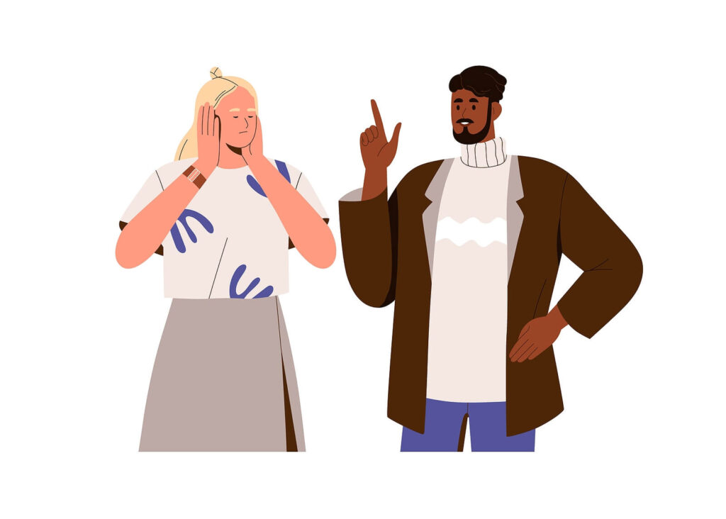 A cartoon woman holds her hands over her ears as her partner talks to her. If you & your partner argue often or stopped talking altogether, it may be time for support. Reach out today to begin couples counseling in NYC, NY.  