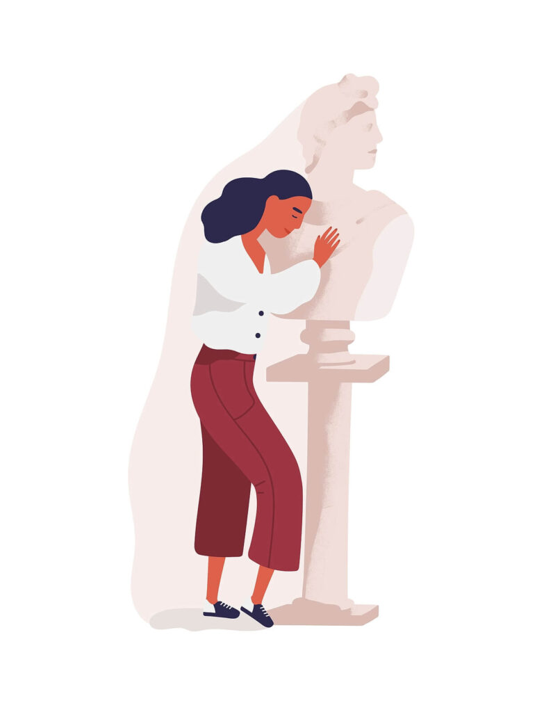 An illustration of a woman hugging the shadow of a statue in despair. Representing how relationships change over time & if you're growing apart from your partner, couples therapy in NYC, NY can help. 