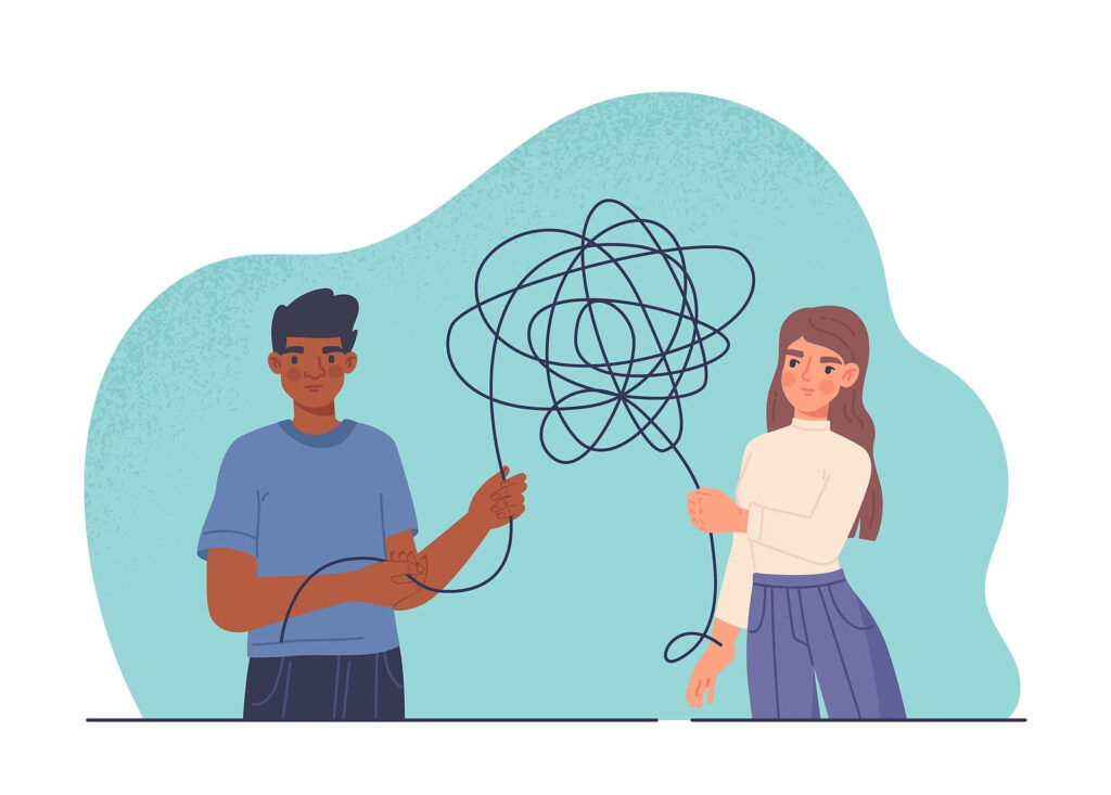 An illustration of a man talking to a woman and untangling thoughts. Representing how CBT therapy in NYC, NY can help couples improve communication skills. Reach out today to start building a stronger connection.