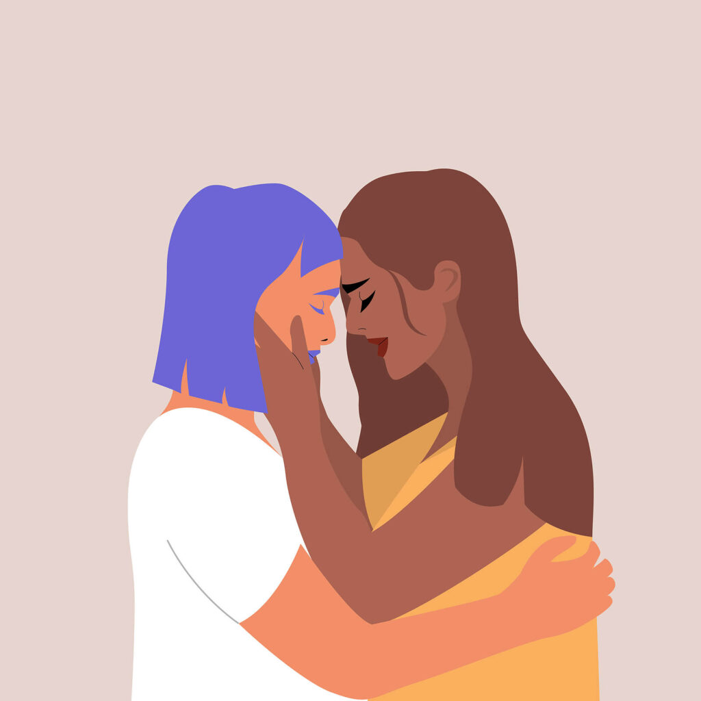 LGBTQ+ couple | cbt treatment new york, ny | cognitive behavioral therapy nyc | cbt therapy new york, ny | Manhattan, New York | Downtown NYC | New York Square | New York City, NY An illustration of a LGBTQIA+ couple hugging each other gently. CBT therapy in NYC, NY can help your relationship flourish. Start working on your communication today.