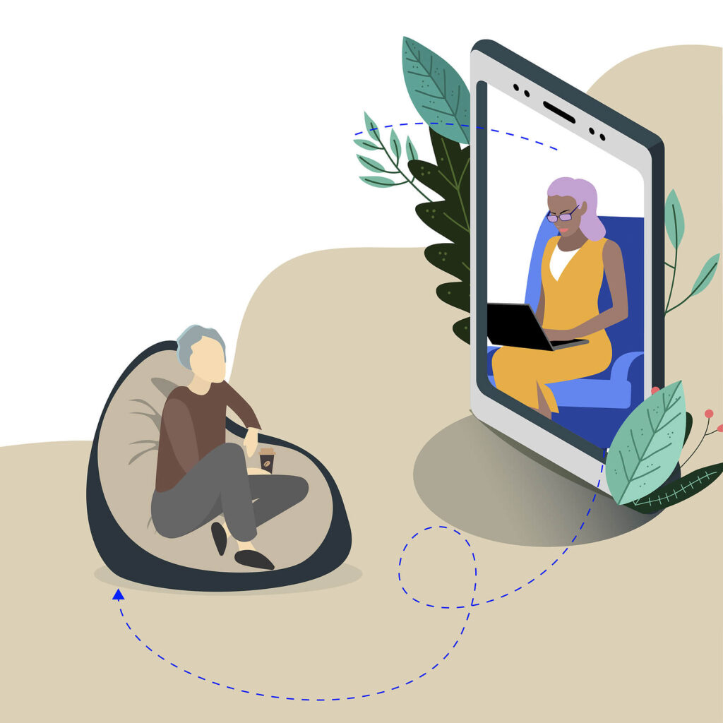 A mature individual meeting with a therapist online through an Ipad. If you're looking for online CBT therapy in NYC, NY, look no further! Our CBT therapists can help you build positive self-talk. 