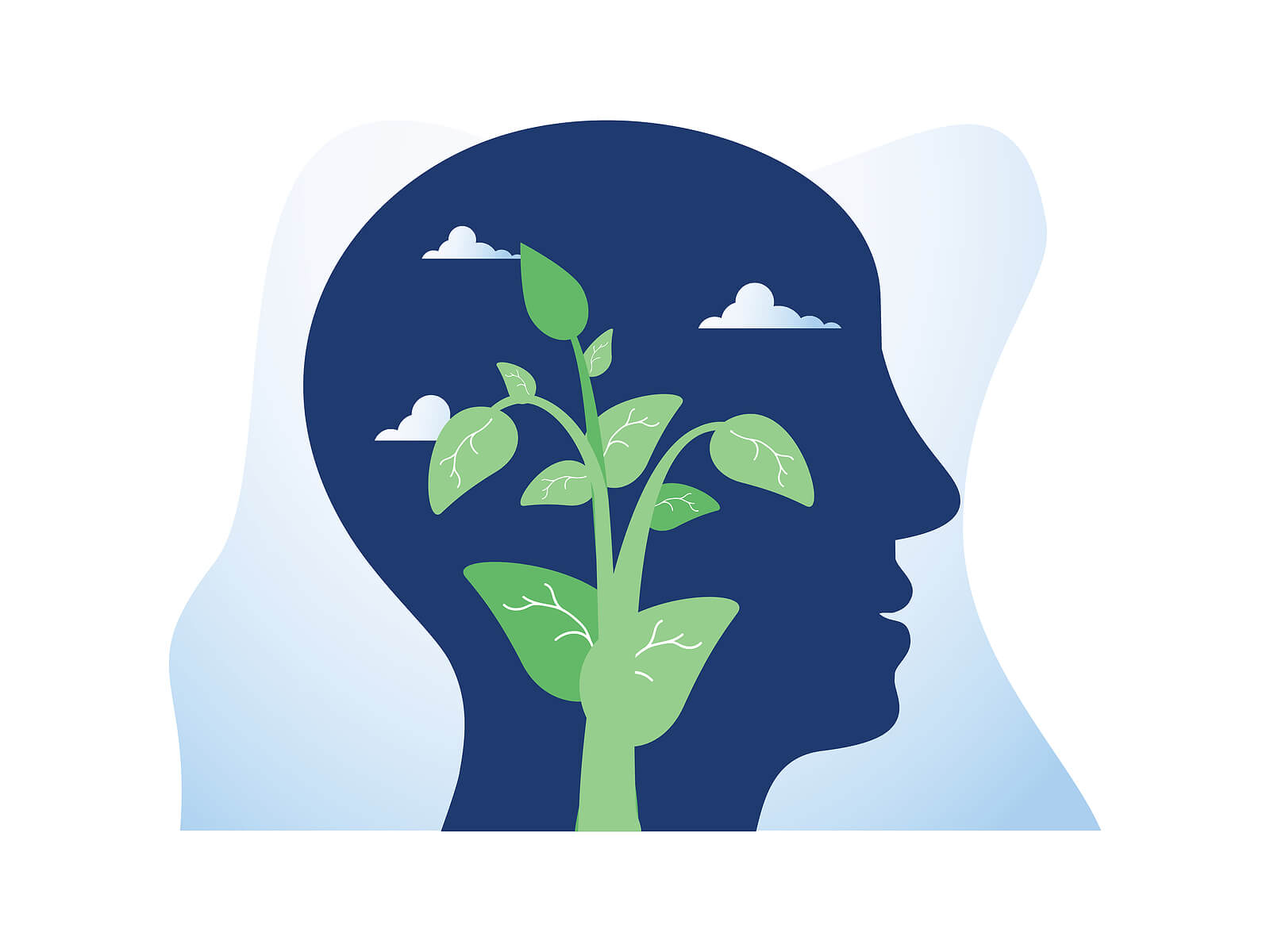 An illustration of an outline of a head with a plant growing. This represents self-growth & positive inner critic. Discover how CBT therapy in NYC, NY can help you.