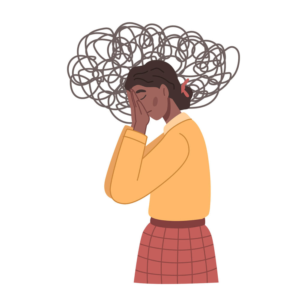 An illustration women struggling with spiraling thoughts & negative self-talk. Discover how CBT therapy in New York, NY can help you build a positive inner critic. Get the support you deserve today. 