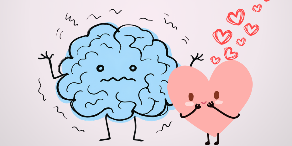 Illustration of an anxious blue brain beside a smiling pink heart with floating hearts, representing appreciating anxiety