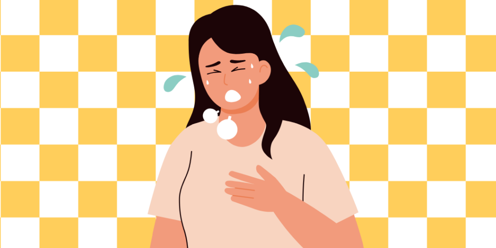 Illustration of a woman with a hand on her chest breathing fast and sweating, representing a panic attack