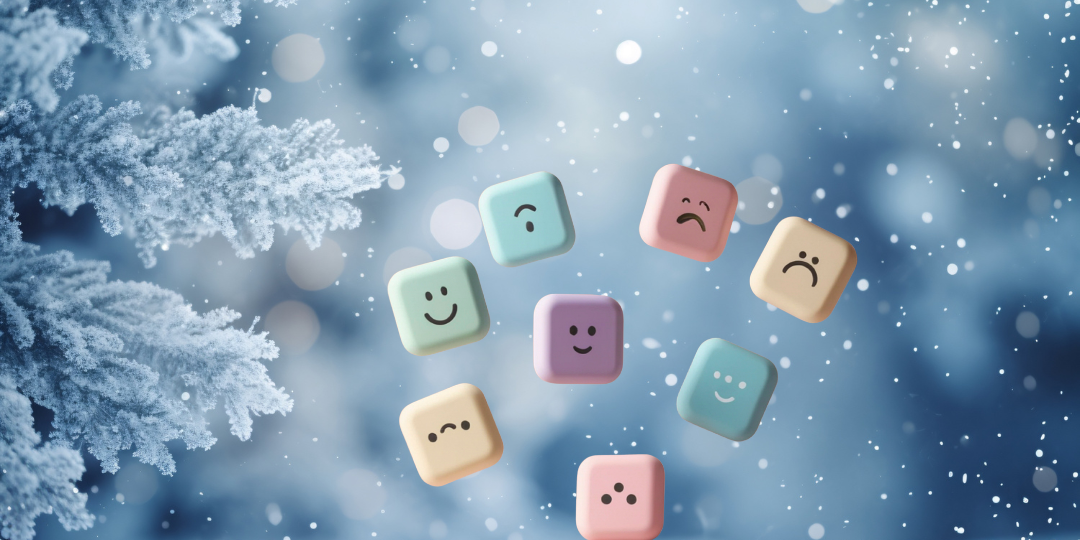 Colorful cubes with different mood faces floating in a snowy winter scene