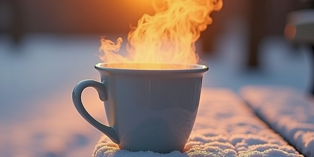 Steaming mug on a snow-covered bench at sunrise, representing embracing winter