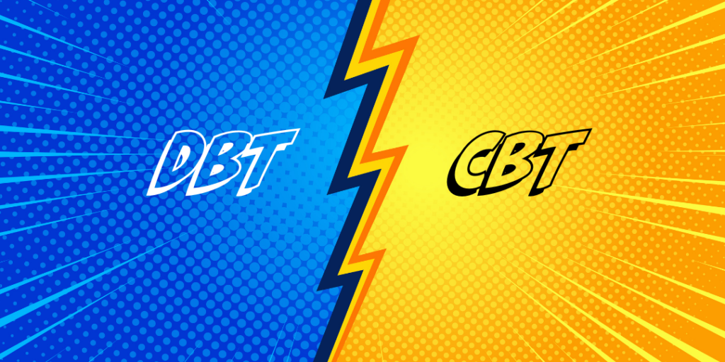 Comic-style split background with DBT on a blue side and CBT on an orange side