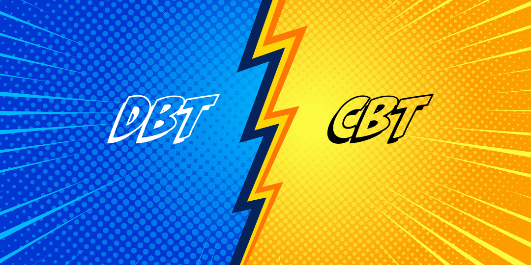 Comic-style split background with DBT on a blue side and CBT on an orange side