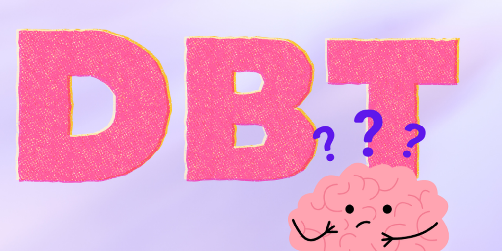 Large pink letters DBT with a confused cartoon brain and question marks