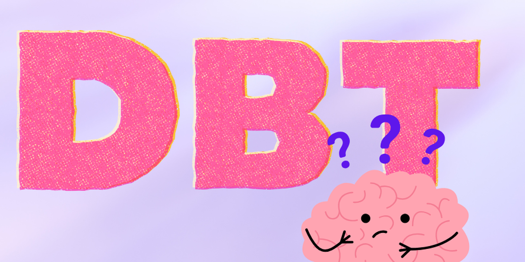 Large pink letters DBT with a confused cartoon brain and question marks