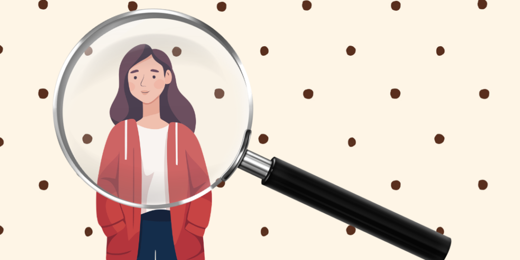 Illustration of a woman in a red jacket seen through a magnifying glass, representing ADHD in adults being overlooked. To learn how ADHD therapy in NYC, NY can support you with navigating time blindness, organization & overwhelming emotions. Find support today.