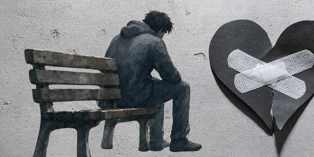 Illustration of a person sitting alone on a bench next to a torn paper heart held together with bandages, representing rejection sensitive dysphoria