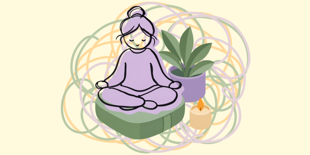 Illustration of a person meditating on a cushion surrounded by tangled colorful lines, representing emotional dysregulation and DBT balance