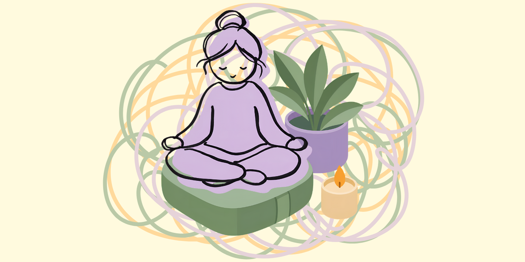 Illustration of a person meditating on a cushion surrounded by tangled colorful lines, representing emotional dysregulation and DBT balance